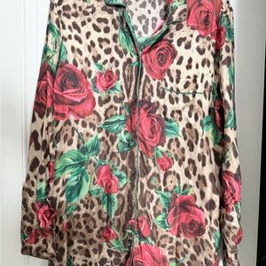Dolce & Gabbana Pink and Green Floral Silk Blouse with Black Accents